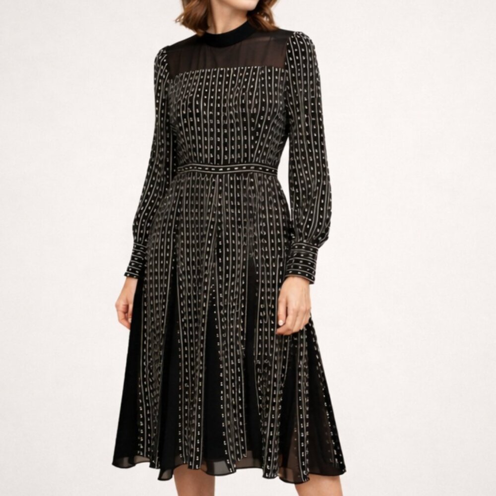 BCBGMaxAzria Sheer Yoke Polka Dot Midi Dress Dark Academia Long Sleeve 0